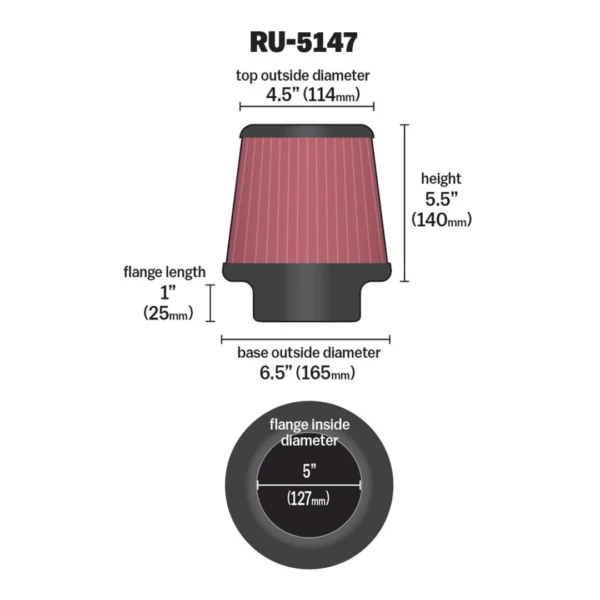 K&N Universal Clamp-On Tapered Air Filter 5" - Image 2